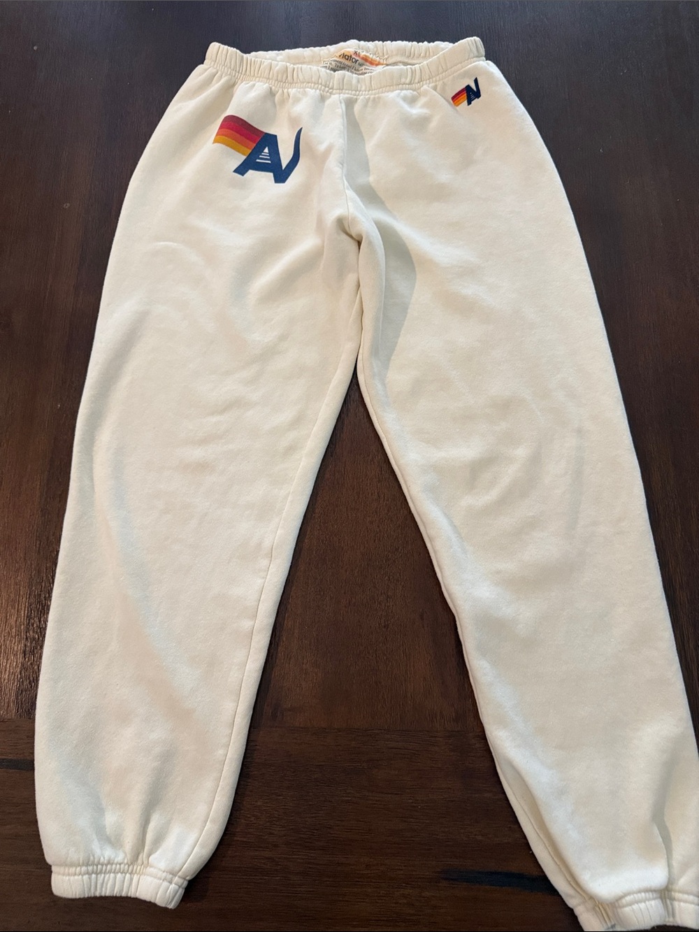 Aviator Nation Cream Sweatpants with Rainbow and Navy Logo Size XL